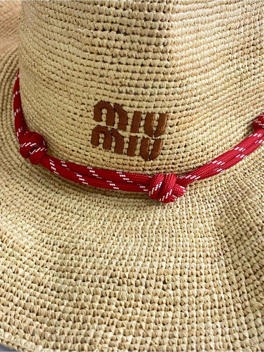 Miu Miu Natural Straw Sun Hat with Red Rope Band